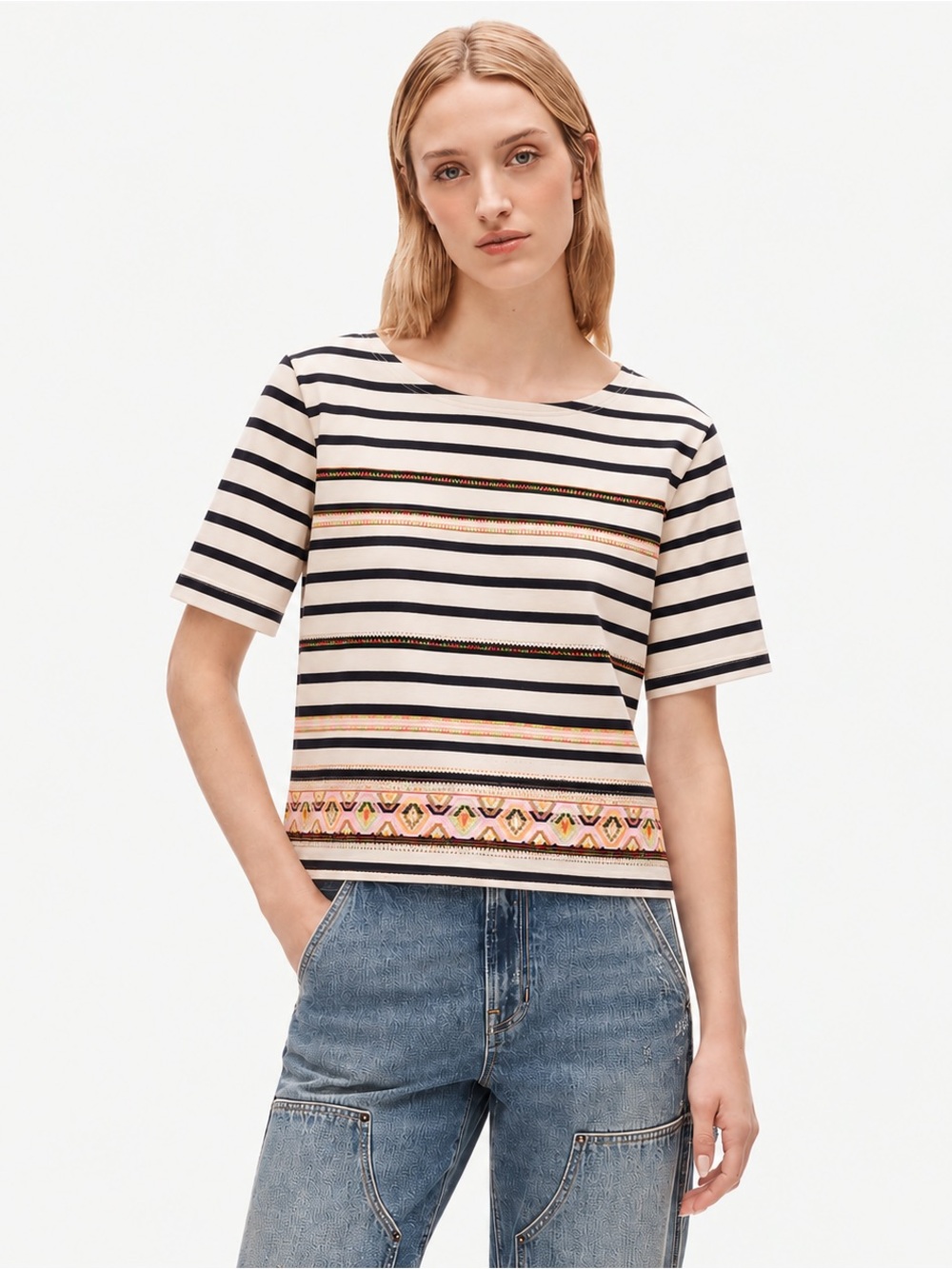 J. Crew Stitchstripe Tee Short Sleeve Shirt Top Cotton Striped Embroidered S *24